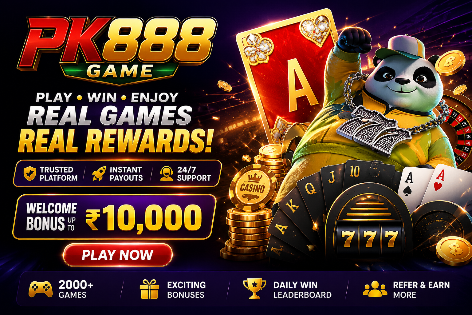 PK888 Game official banner: play, win and enjoy real games and real rewards with a welcome bonus up to ₨10,000, 2000+ games, exciting bonuses, daily win leaderboard and refer and earn